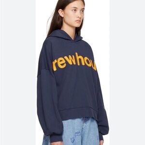 drew house navy hoodie with bold yellow logo box hoodie